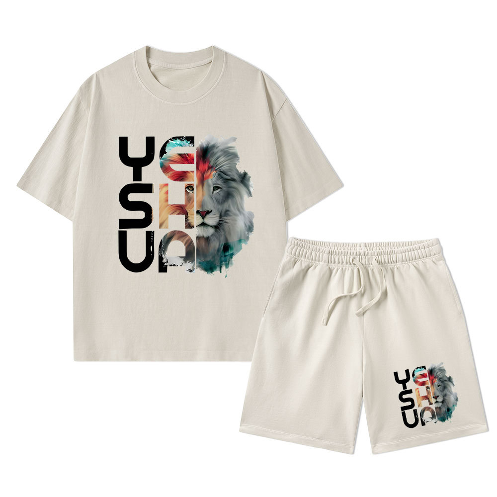 Lion And Yeshua Christian Washed T-Shirt & Shorts