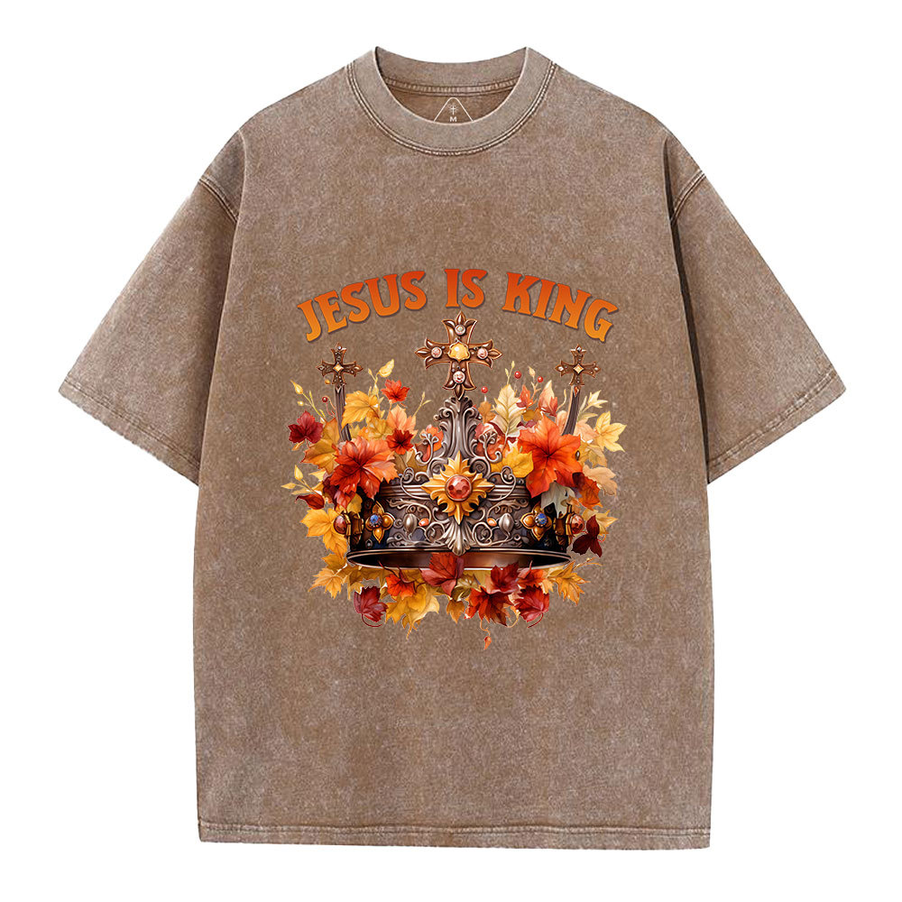 Jesus-Is-King-Autumn-Faith-Christian-Washed-T-Shirt-Coffee+