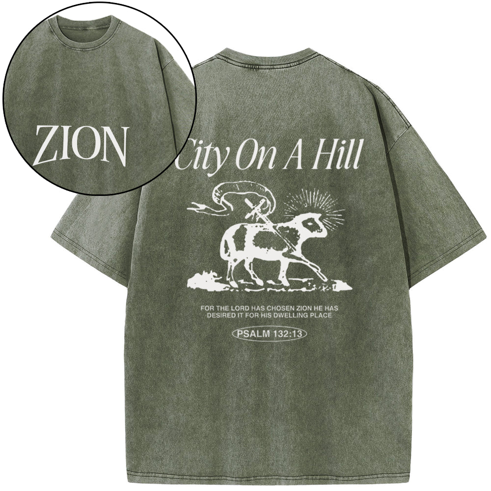 Zion City On A Hill Christian Washed T-Shirt