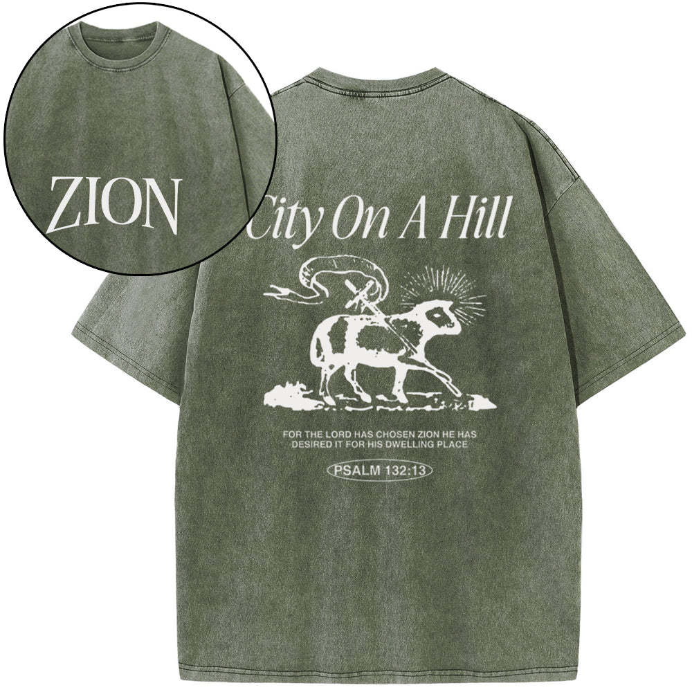 Zion City On A Hill Christian Washed T-Shirt