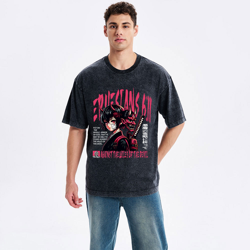 Against The Wiles Of The Devil Christian Washed T-Shirt