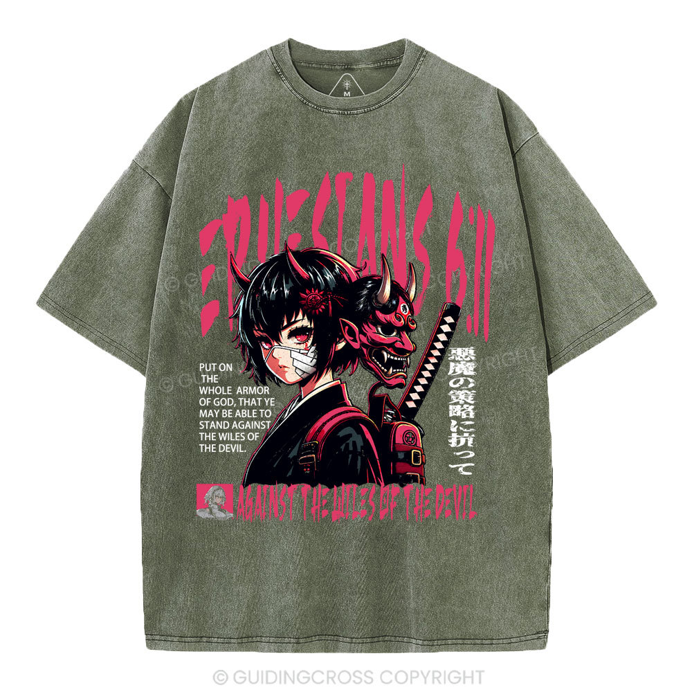 Against The Wiles Of The Devil Christian Washed T-Shirt