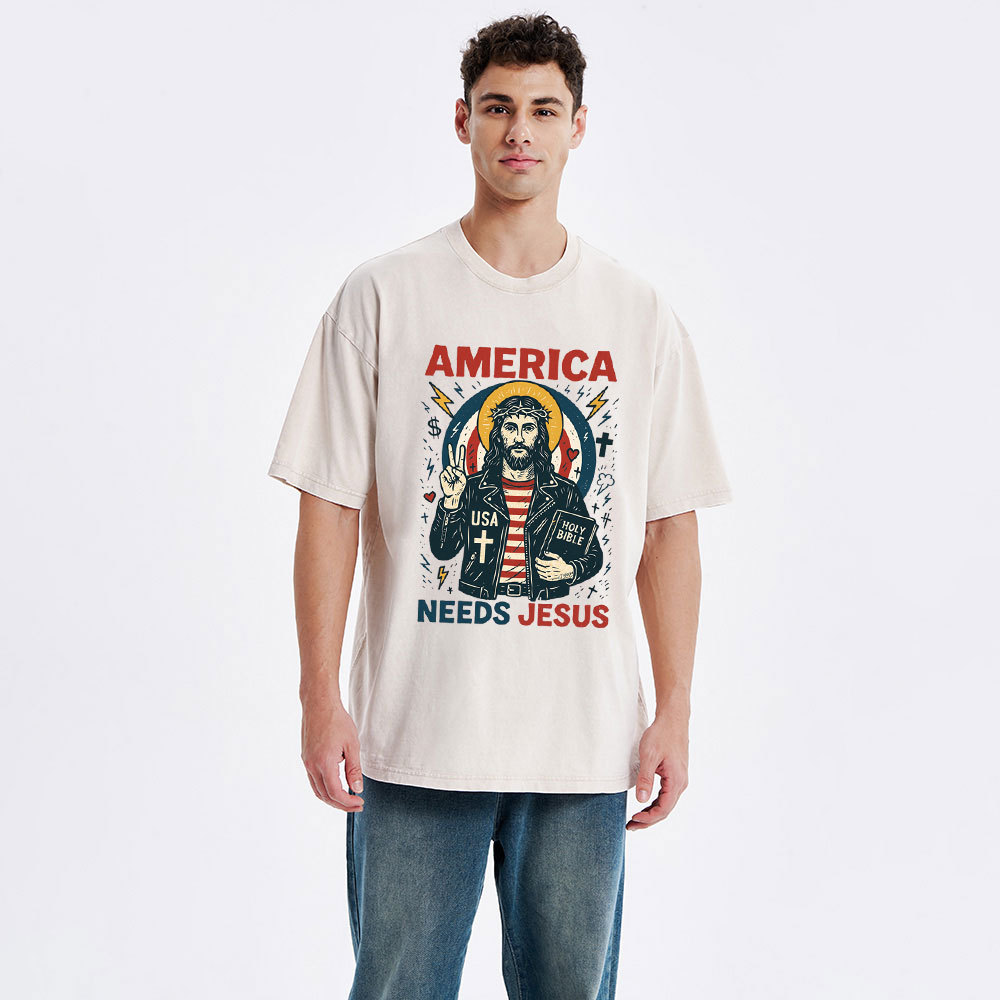 America Needs Jesus Christian Washed T-Shirt