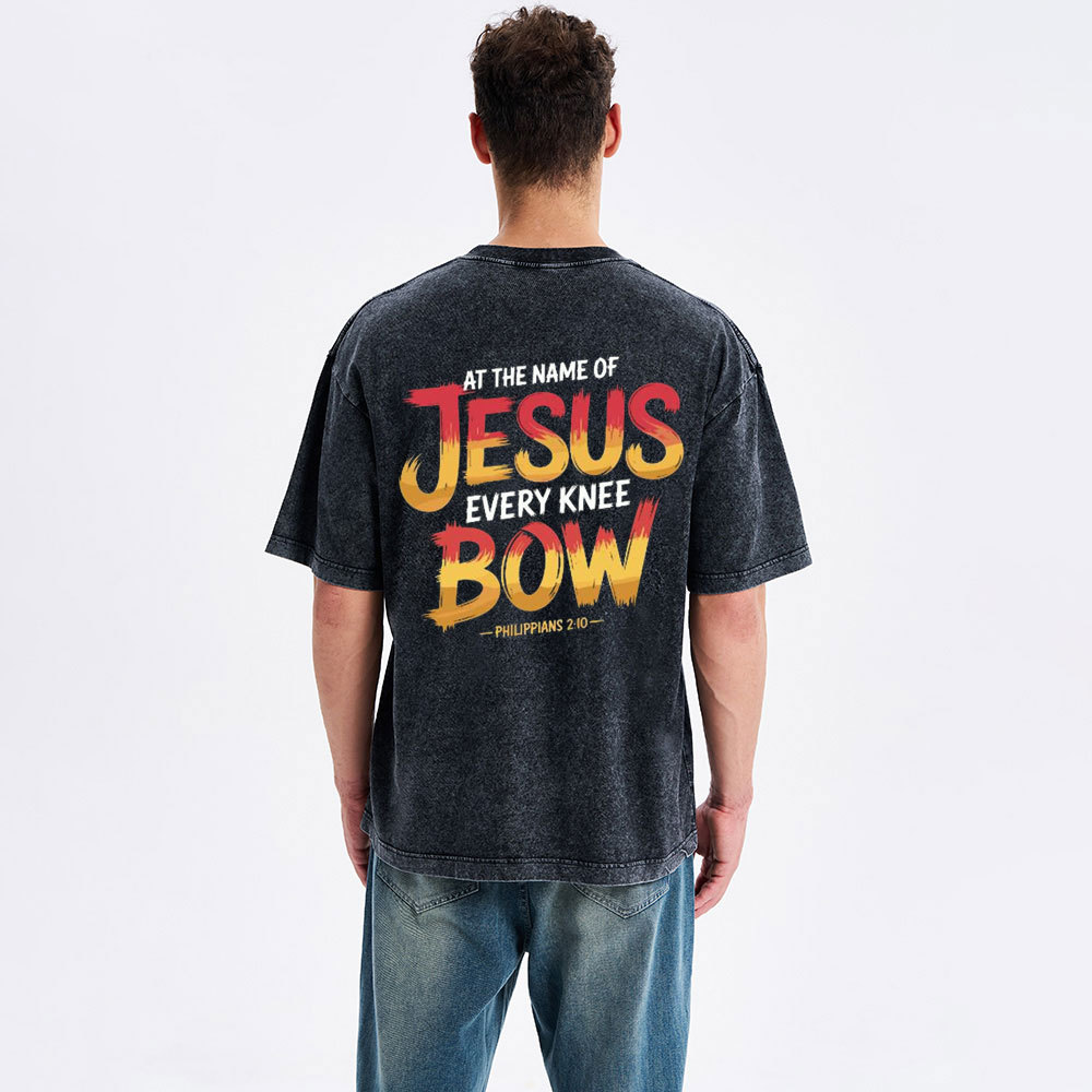 At The Name Of Jesus Every Kness Bow Christian Washed T-Shirt