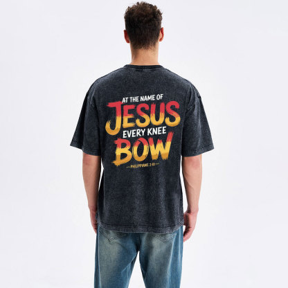 At The Name Of Jesus Every Kness Bow Christian Washed T-Shirt