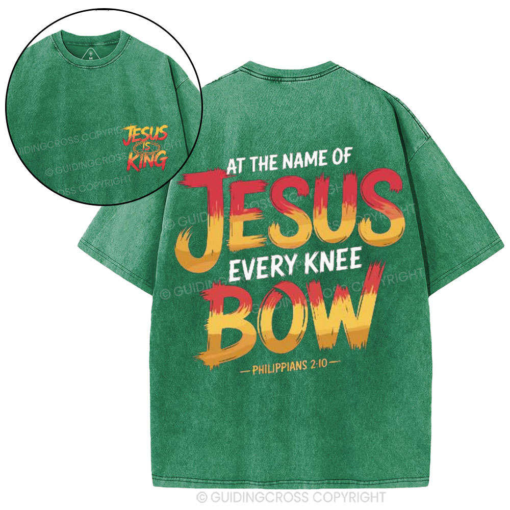 At The Name Of Jesus Every Kness Bow Christian Washed T-Shirt