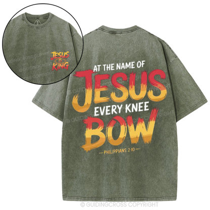 At The Name Of Jesus Every Kness Bow Christian Washed T-Shirt