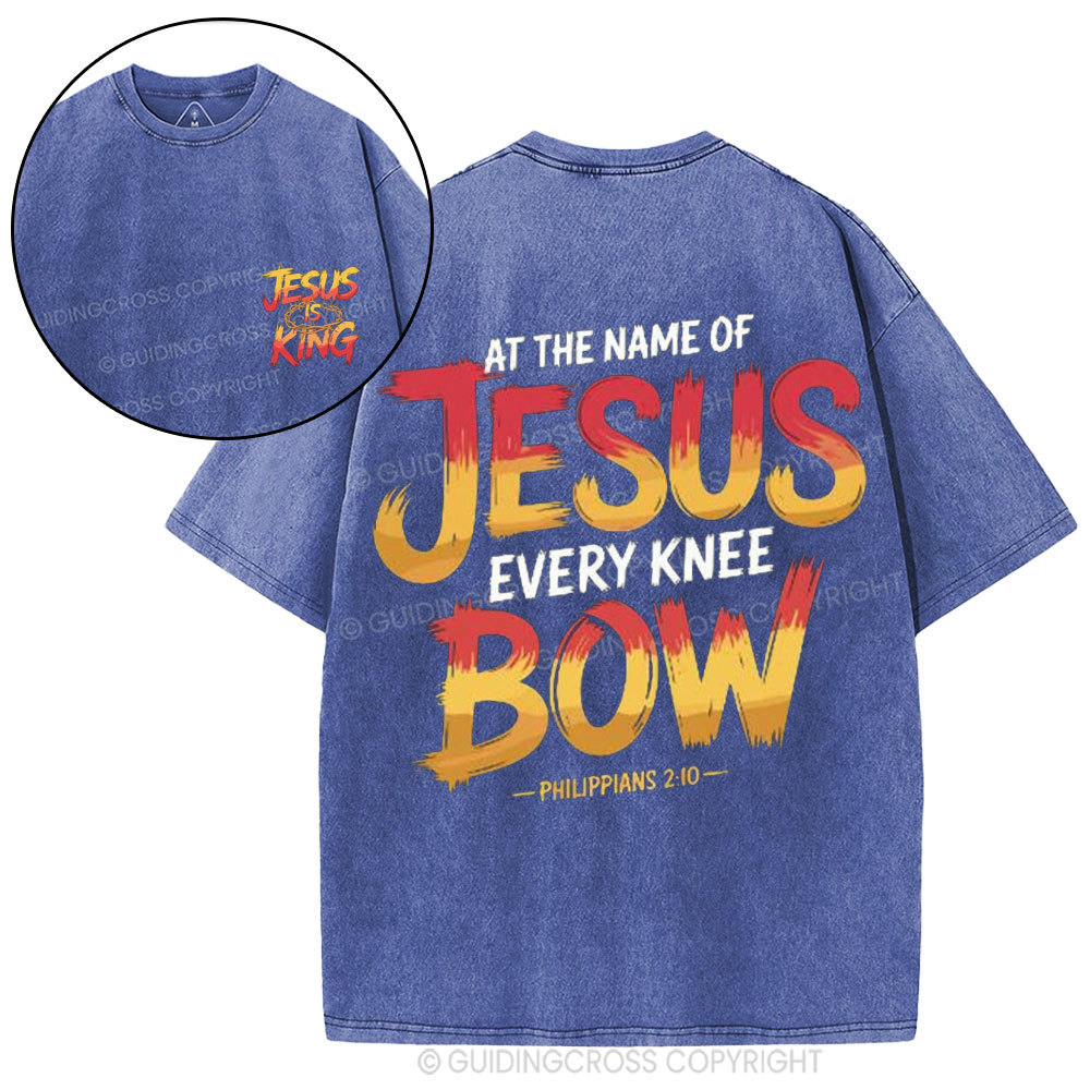At The Name Of Jesus Every Kness Bow Christian Washed T-Shirt