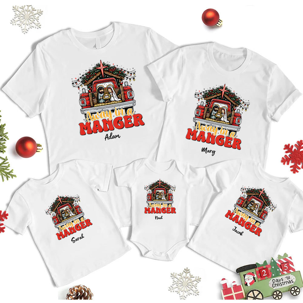 Personalized Away In A Manger Christmas Family Matching Shirts