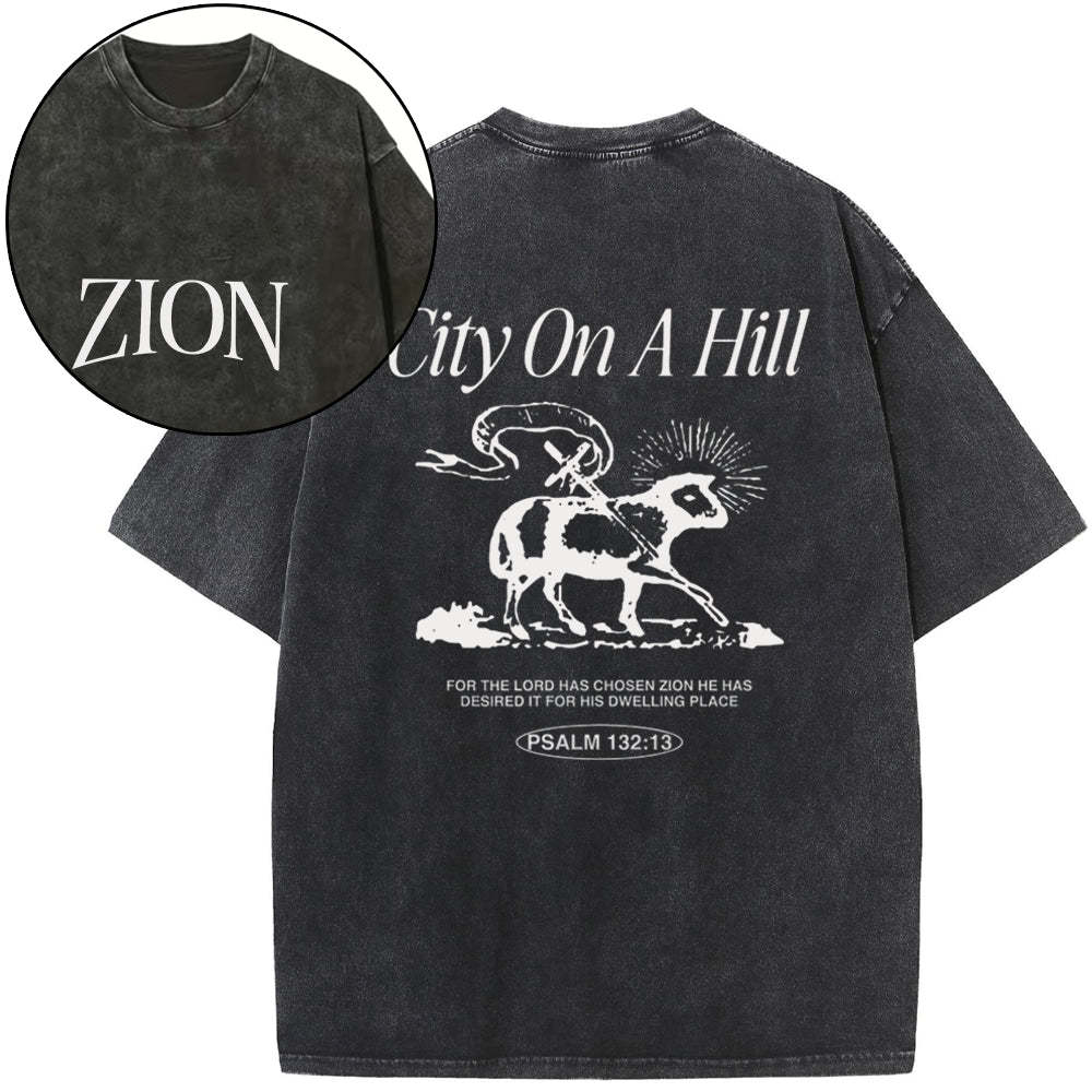 Zion City On A Hill Christian Washed T-Shirt