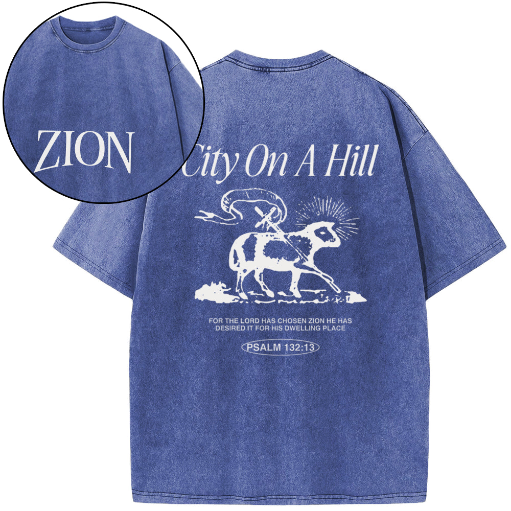 Zion City On A Hill Christian Washed T-Shirt