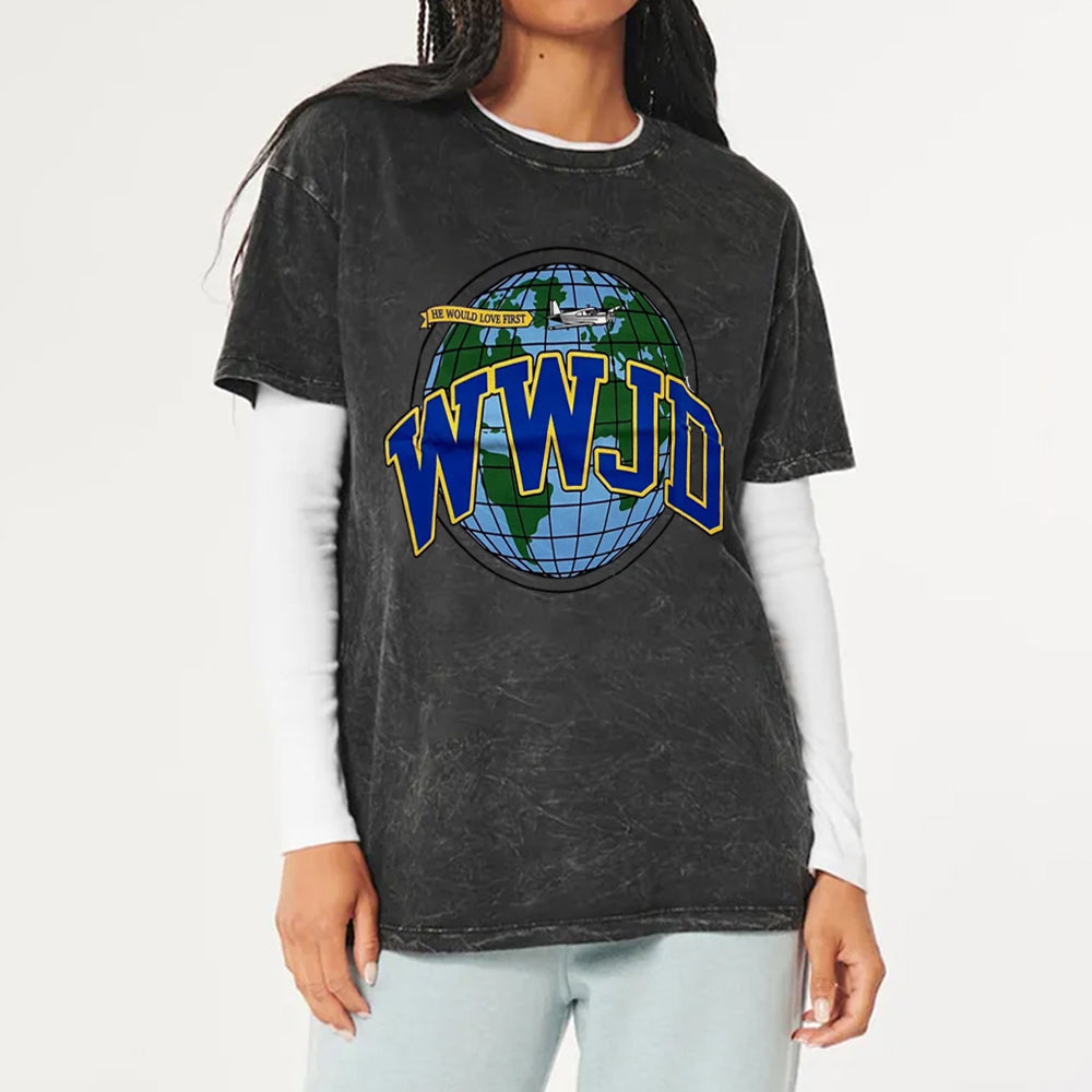 WWJD Globe Christian Washed T-Shirt