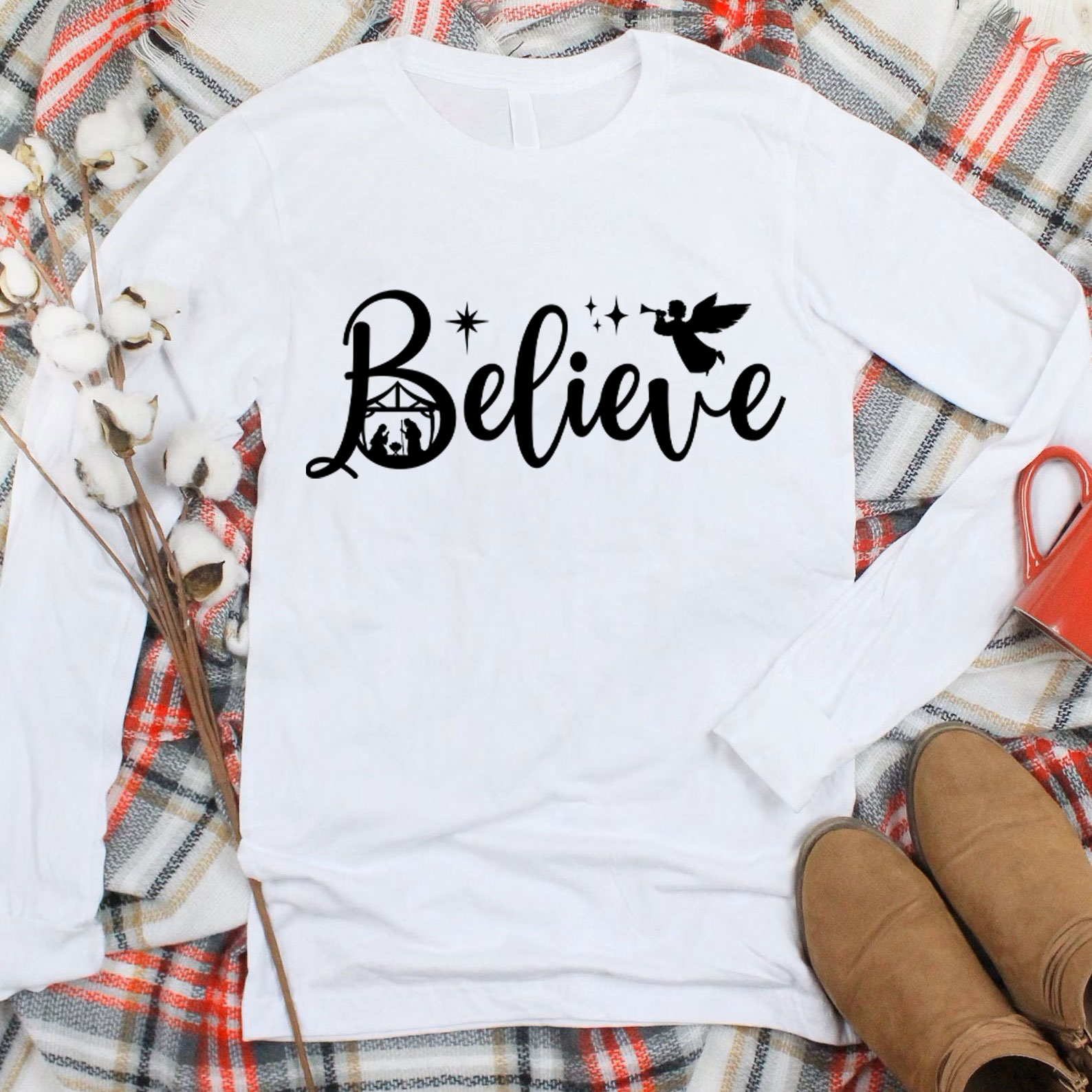Believe Nativity Scene Christmas Christian Long Sleeve T-Shirt