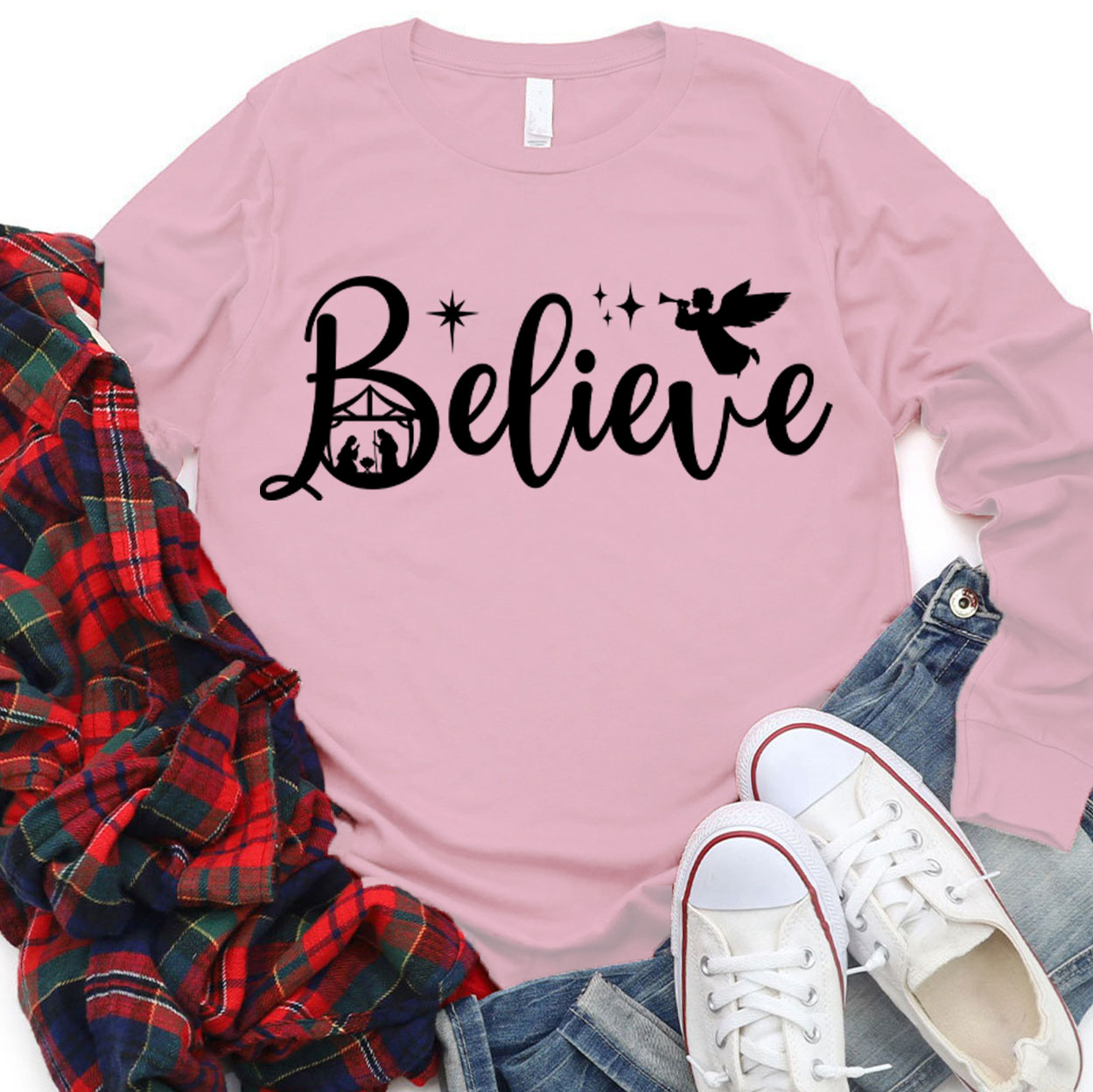 Believe Nativity Scene Christmas Christian Long Sleeve T-Shirt