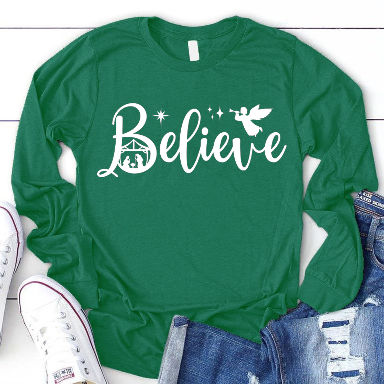 Believe Nativity Scene Christmas Christian Long Sleeve T-Shirt