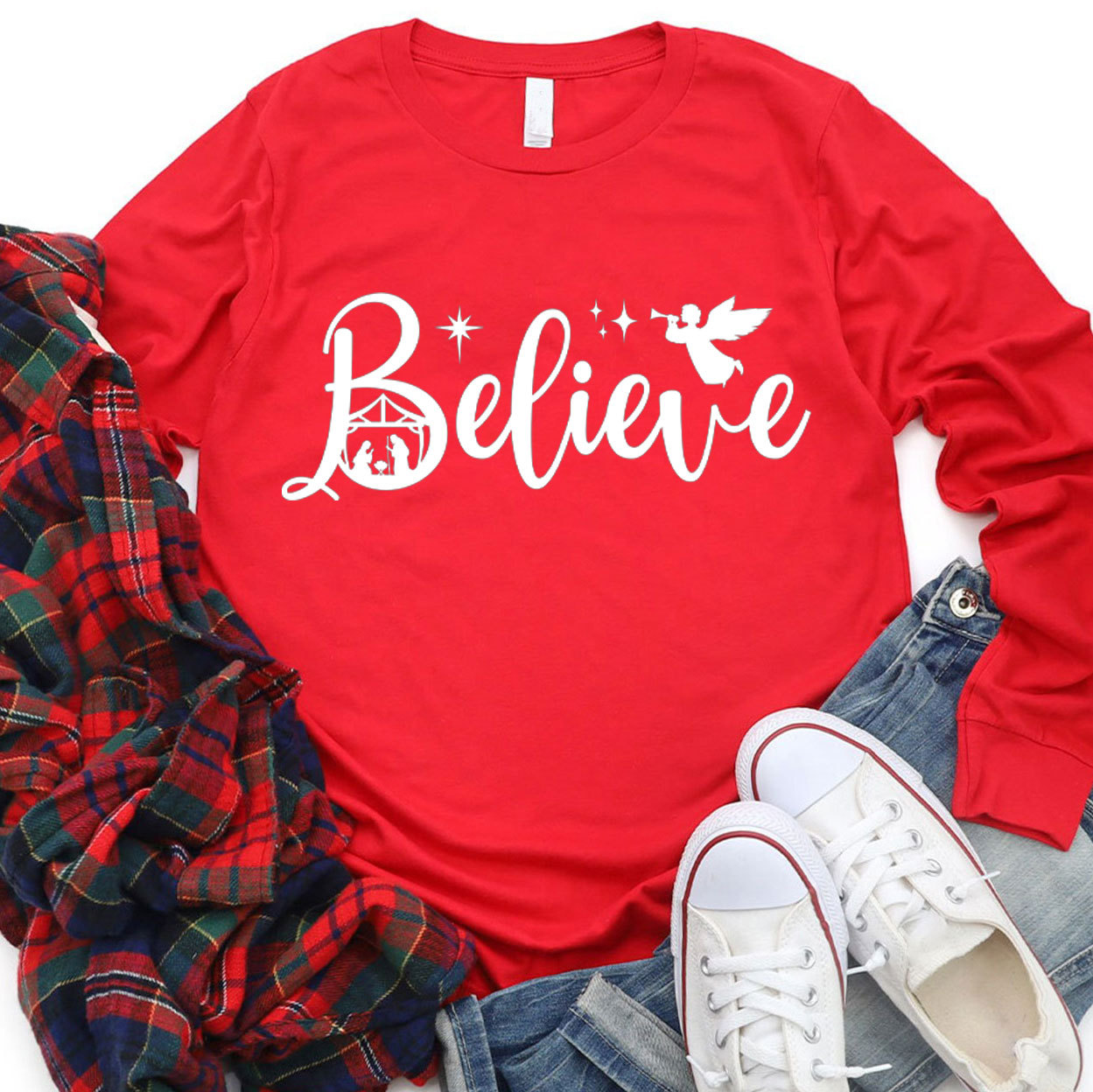 Believe Nativity Scene Christmas Christian Long Sleeve T-Shirt