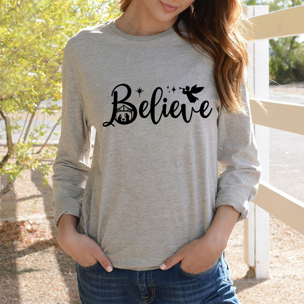 Believe Nativity Scene Christmas Christian Long Sleeve T-Shirt