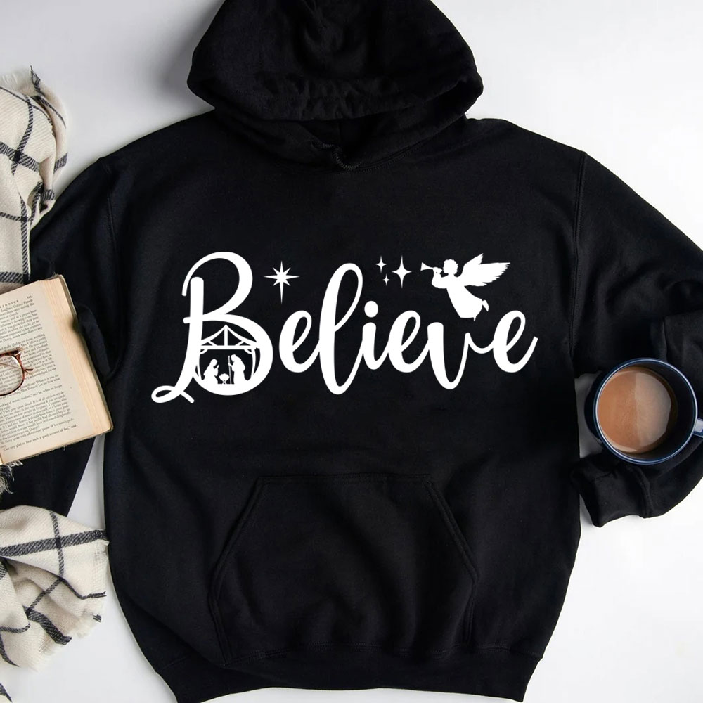 Believe Nativity Scene Christmas Hoodie