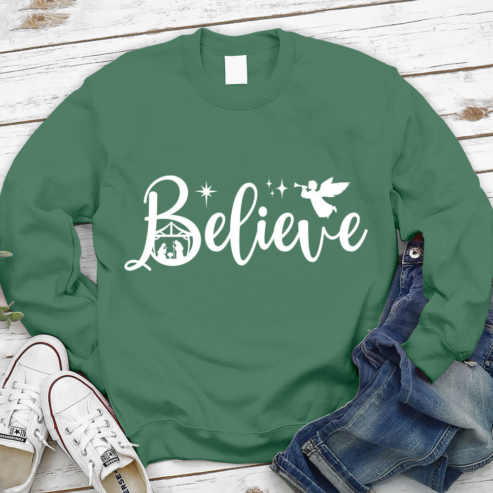 Believe Nativity Scene Christmas Sweatshirt
