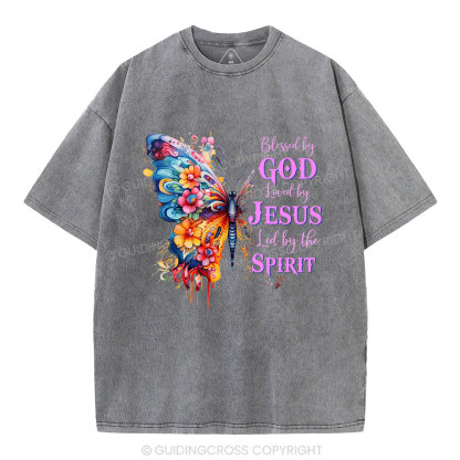 Blessed By God Loved By Jesus Butterfly Christian Washed T-Shirt