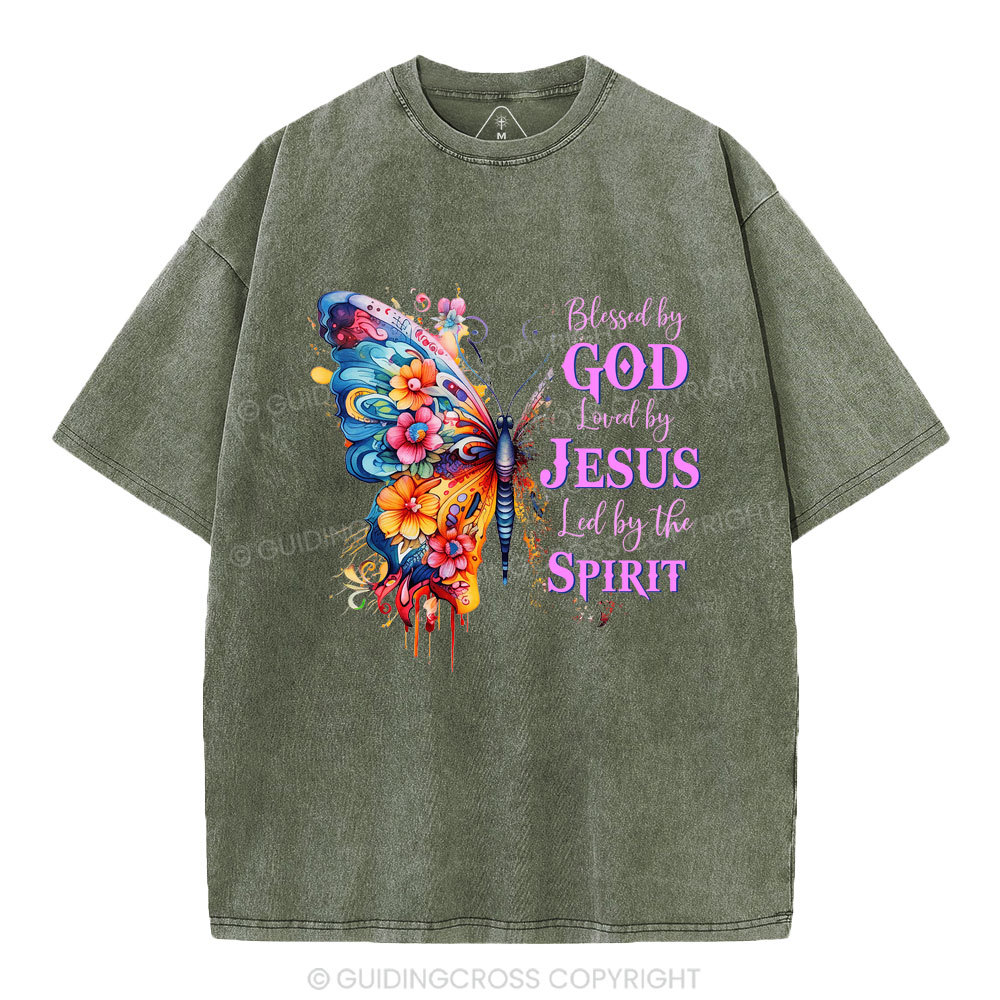 Blessed By God Loved By Jesus Butterfly Christian Washed T-Shirt