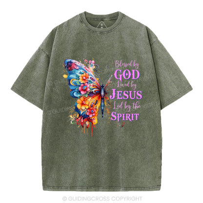 Blessed By God Loved By Jesus Butterfly Christian Washed T-Shirt