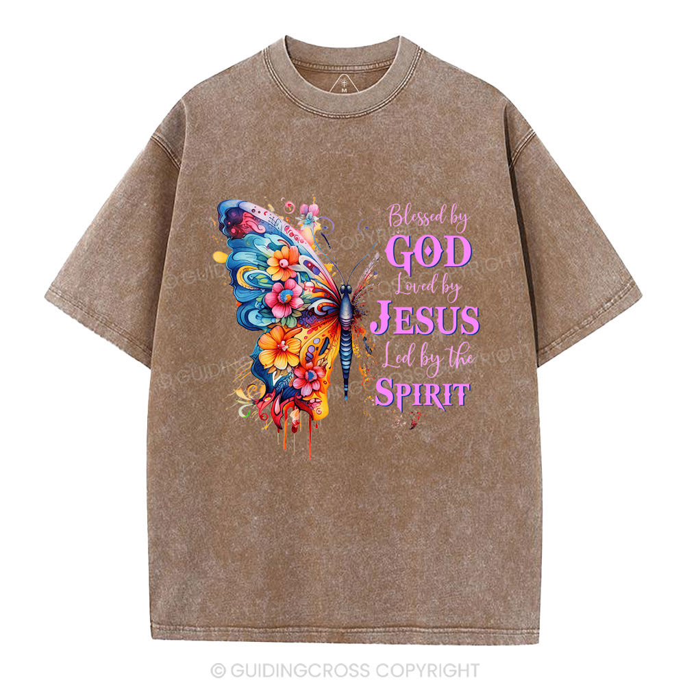 Blessed By God Loved By Jesus Butterfly Christian Washed T-Shirt