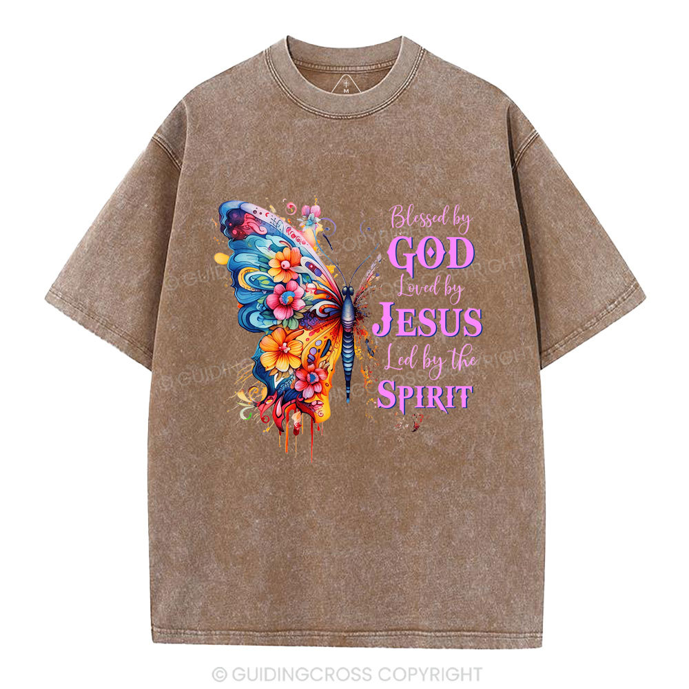 Blessed By God Loved By Jesus Butterfly Christian Washed T-Shirt
