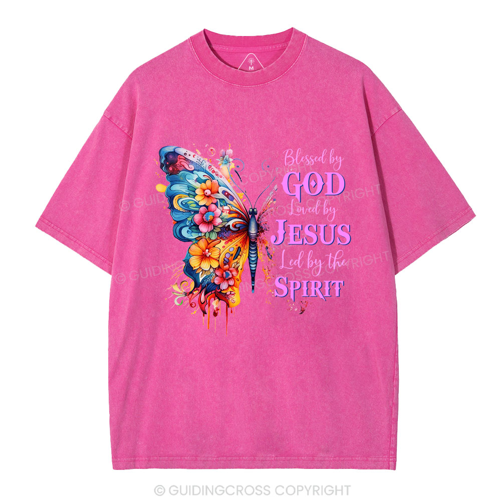 Blessed By God Loved By Jesus Butterfly Christian Washed T-Shirt
