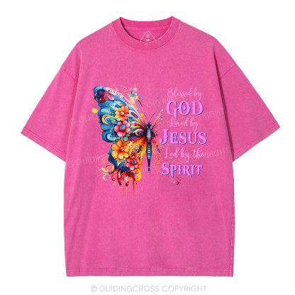 Blessed By God Loved By Jesus Butterfly Christian Washed T-Shirt