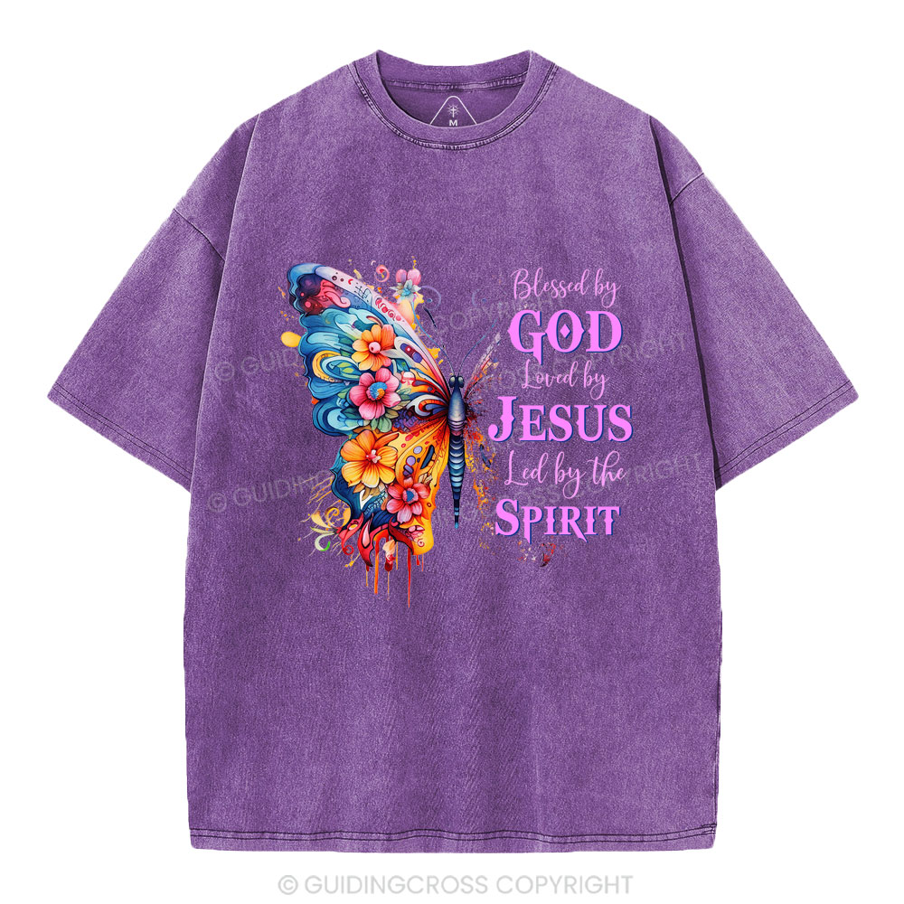Blessed By God Loved By Jesus Butterfly Christian Washed T-Shirt