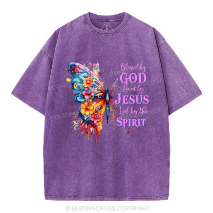 Blessed By God Loved By Jesus Butterfly Christian Washed T-Shirt