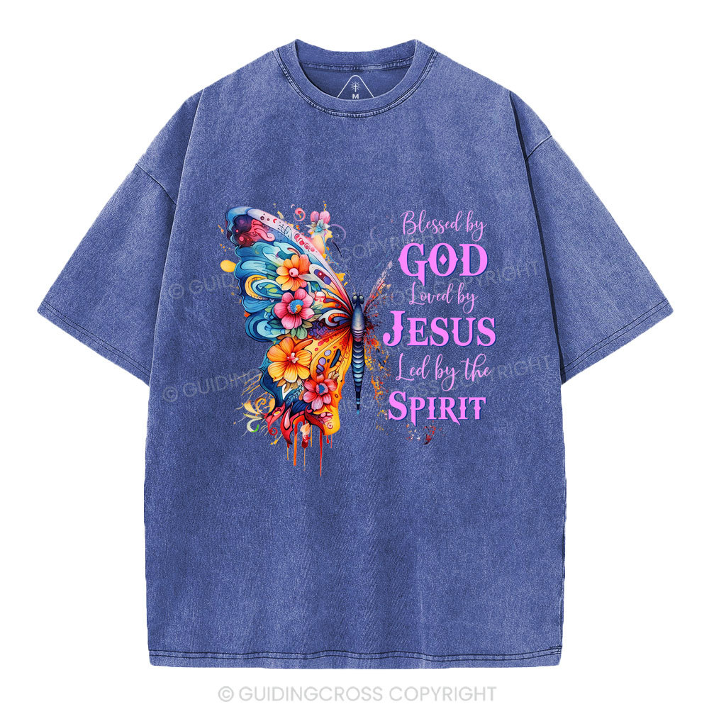 Blessed By God Loved By Jesus Butterfly Christian Washed T-Shirt