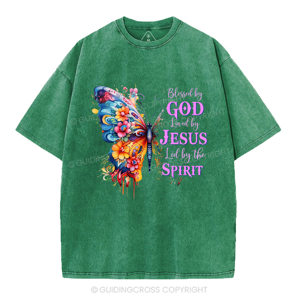 Blessed By God Loved By Jesus Butterfly Christian Washed T-Shirt
