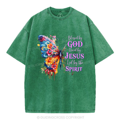 Blessed By God Loved By Jesus Butterfly Christian Washed T-Shirt