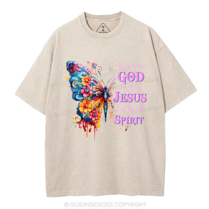 Blessed By God Loved By Jesus Butterfly Christian Washed T-Shirt
