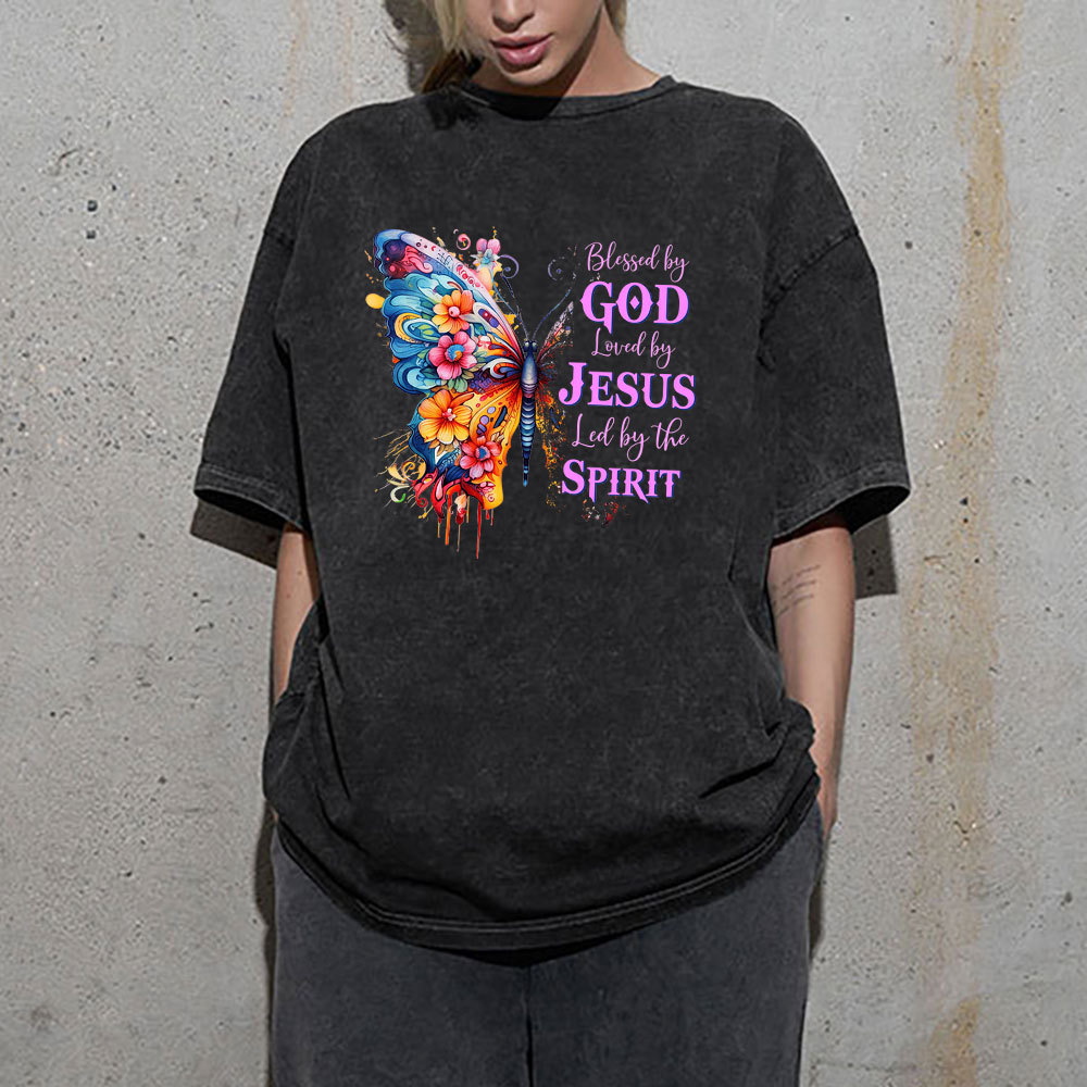 Blessed By God Loved By Jesus Butterfly Christian Washed T-Shirt