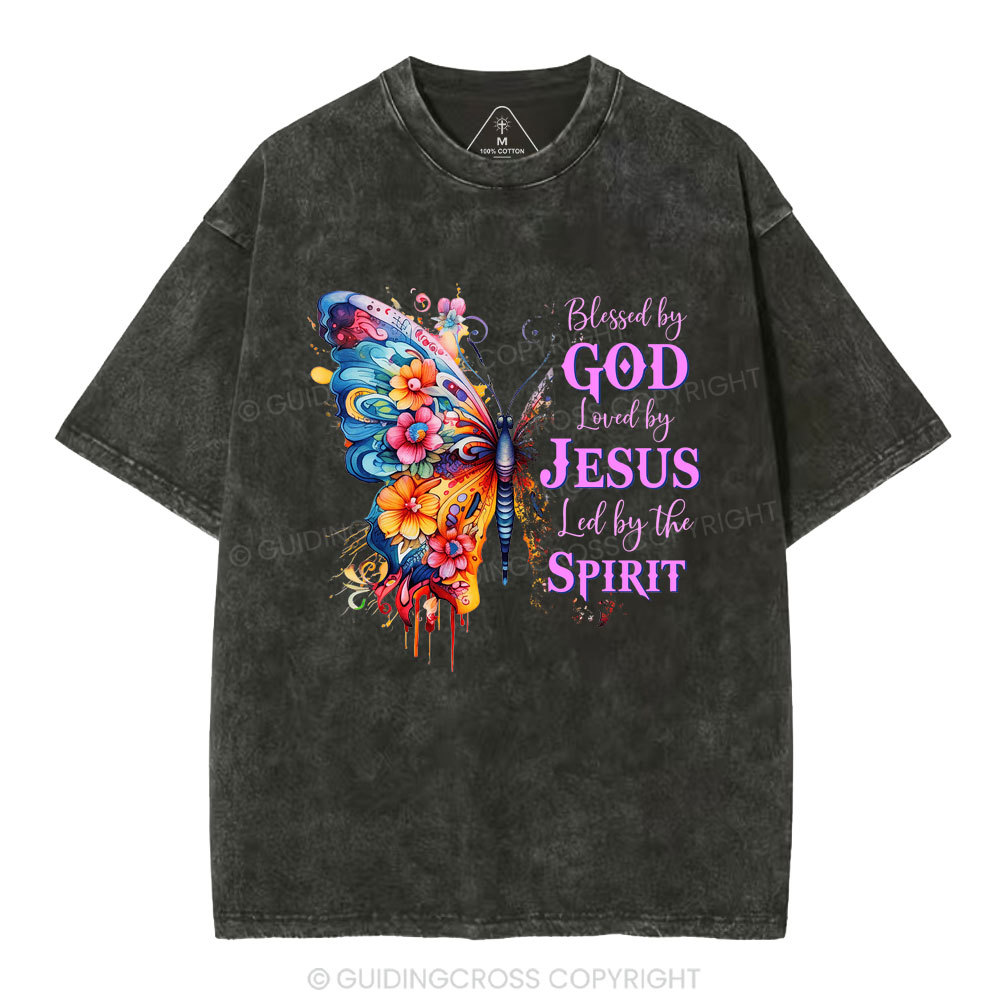 Blessed By God Loved By Jesus Butterfly Christian Washed T-Shirt