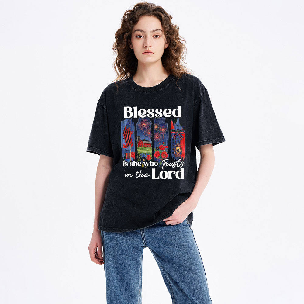 Blessed Is She Who Trusts In The Lord Christian Washed T-Shirt