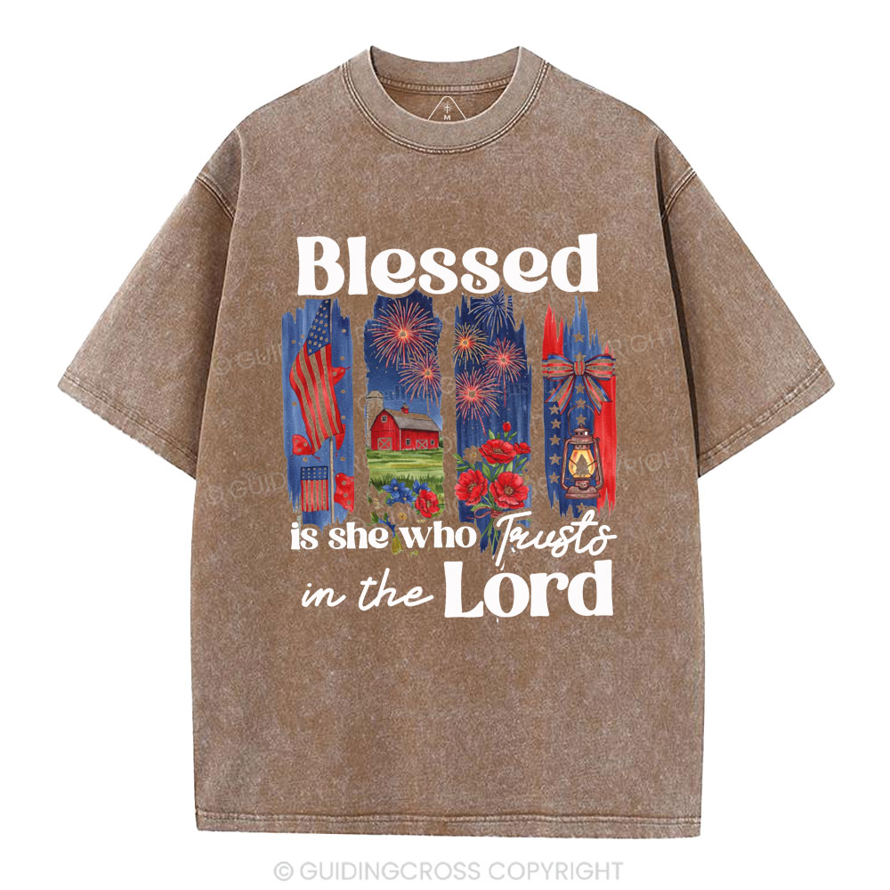 Blessed Is She Who Trusts In The Lord Christian Washed T-Shirt