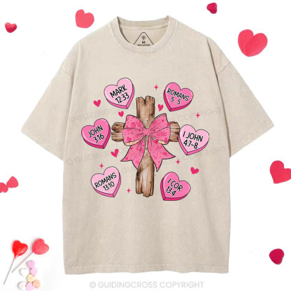 Bow Cross Jesus Valentine Christian Washed T-Shirt