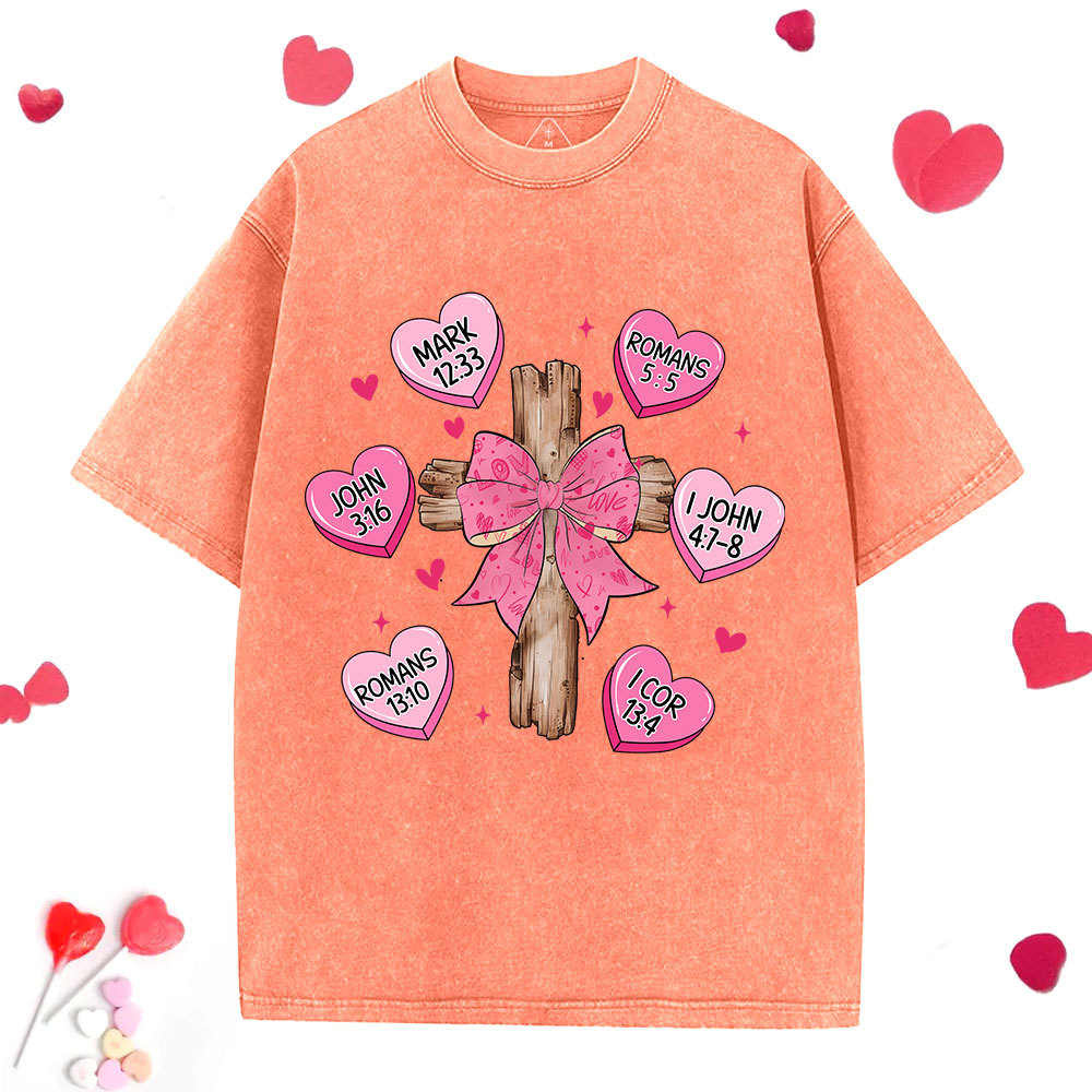 Bow Cross Jesus Valentine Christian Washed T-Shirt