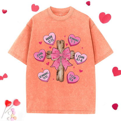 Bow Cross Jesus Valentine Christian Washed T-Shirt