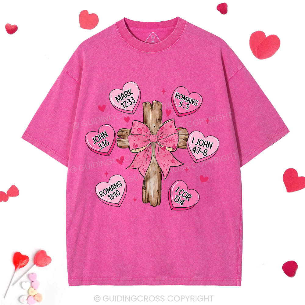 Bow Cross Jesus Valentine Christian Washed T-Shirt