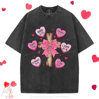 Bow Cross Jesus Valentine Christian Washed T-Shirt