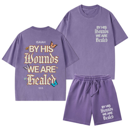 By His Wounds Christian Washed T-Shirt & Shorts