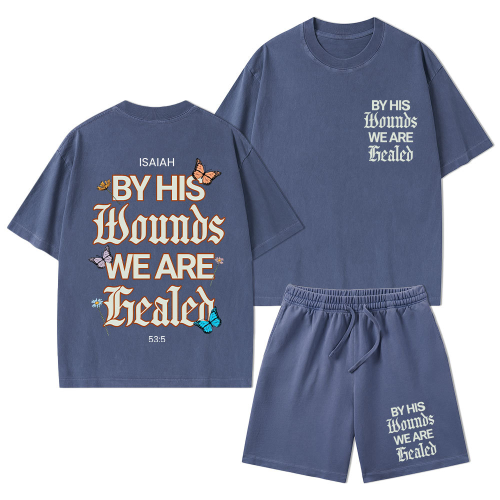 By His Wounds Christian Washed T-Shirt & Shorts