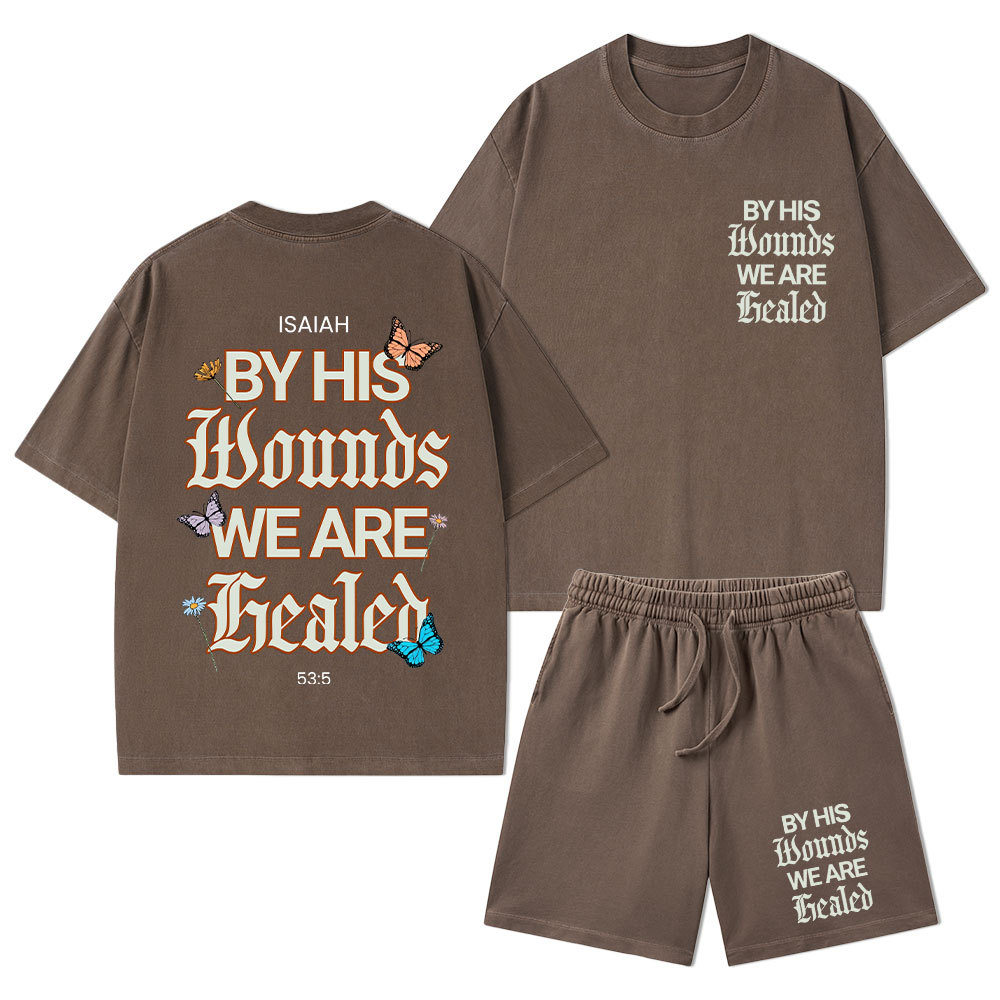By His Wounds Christian Washed T-Shirt & Shorts