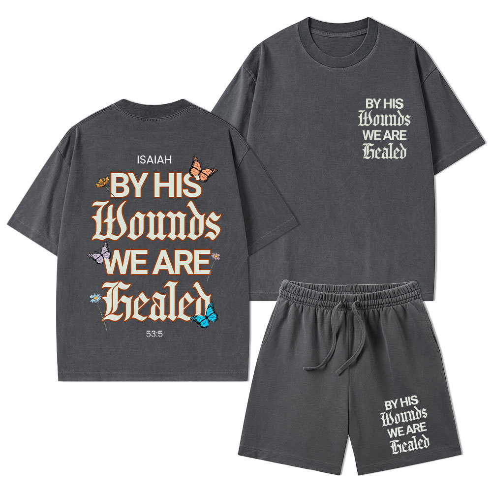 By His Wounds Christian Washed T-Shirt & Shorts