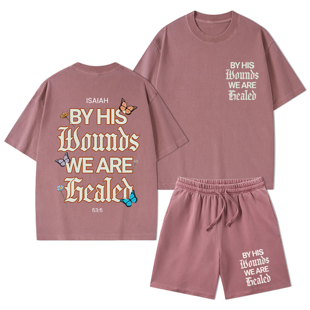 By His Wounds Christian Washed T-Shirt & Shorts